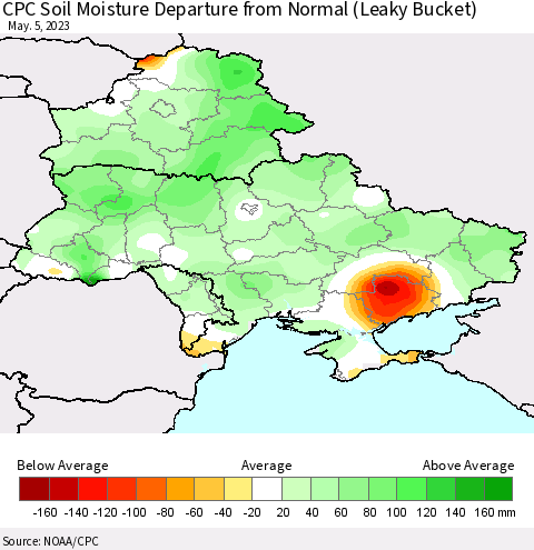 Ukraine, Moldova and Belarus CPC Soil Moisture Departure from Normal (Leaky Bucket) Thematic Map For 5/1/2023 - 5/5/2023