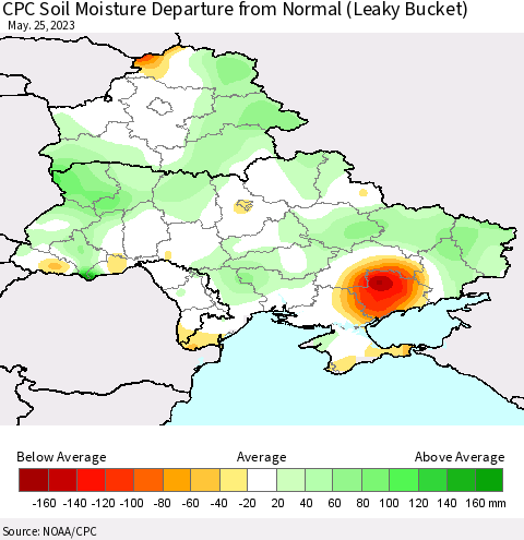 Ukraine, Moldova and Belarus CPC Soil Moisture Anomaly (Leaky Bucket) Thematic Map For 5/21/2023 - 5/25/2023