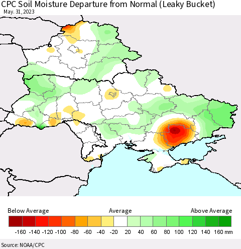 Ukraine, Moldova and Belarus CPC Soil Moisture Anomaly (Leaky Bucket) Thematic Map For 5/26/2023 - 5/31/2023
