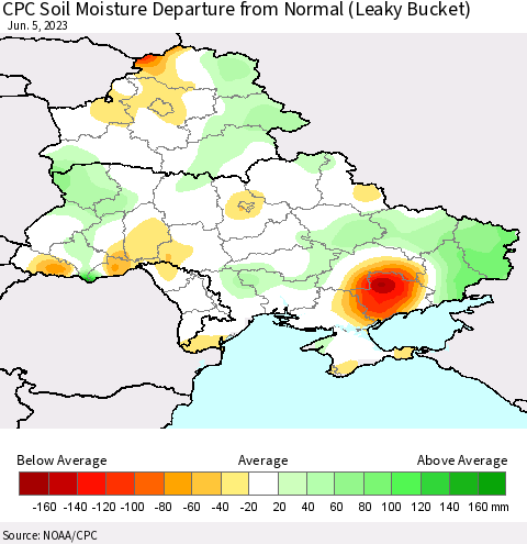 Ukraine, Moldova and Belarus CPC Soil Moisture Anomaly (Leaky Bucket) Thematic Map For 6/1/2023 - 6/5/2023