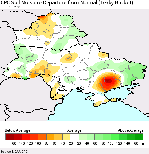 Ukraine, Moldova and Belarus CPC Soil Moisture Anomaly (Leaky Bucket) Thematic Map For 6/6/2023 - 6/10/2023