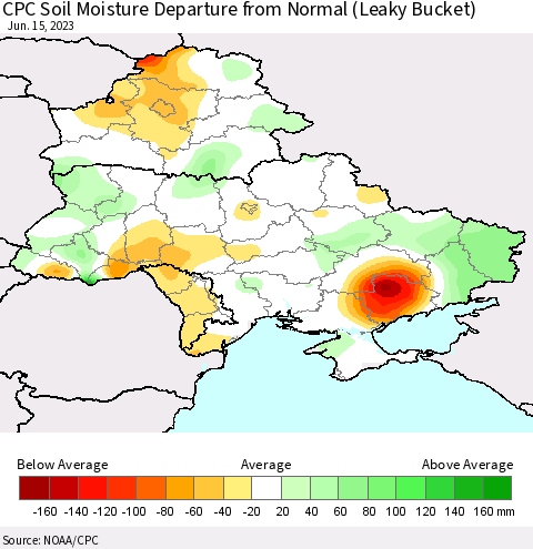 Ukraine, Moldova and Belarus CPC Soil Moisture Anomaly (Leaky Bucket) Thematic Map For 6/11/2023 - 6/15/2023