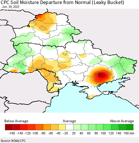 Ukraine, Moldova and Belarus CPC Soil Moisture Anomaly (Leaky Bucket) Thematic Map For 6/26/2023 - 6/30/2023
