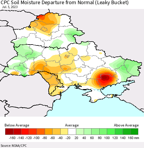 Ukraine, Moldova and Belarus CPC Soil Moisture Anomaly (Leaky Bucket) Thematic Map For 7/1/2023 - 7/5/2023