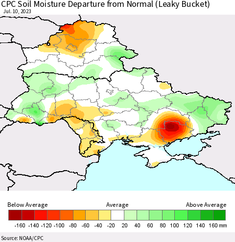 Ukraine, Moldova and Belarus CPC Soil Moisture Anomaly (Leaky Bucket) Thematic Map For 7/6/2023 - 7/10/2023