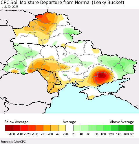 Ukraine, Moldova and Belarus CPC Soil Moisture Anomaly (Leaky Bucket) Thematic Map For 7/16/2023 - 7/20/2023