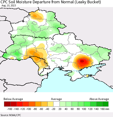Ukraine, Moldova and Belarus CPC Soil Moisture Departure from Normal (Leaky Bucket) Thematic Map For 8/6/2023 - 8/10/2023