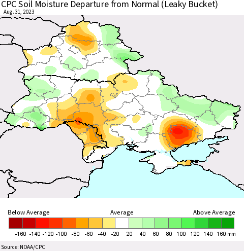 Ukraine, Moldova and Belarus CPC Soil Moisture Departure from Normal (Leaky Bucket) Thematic Map For 8/26/2023 - 8/31/2023