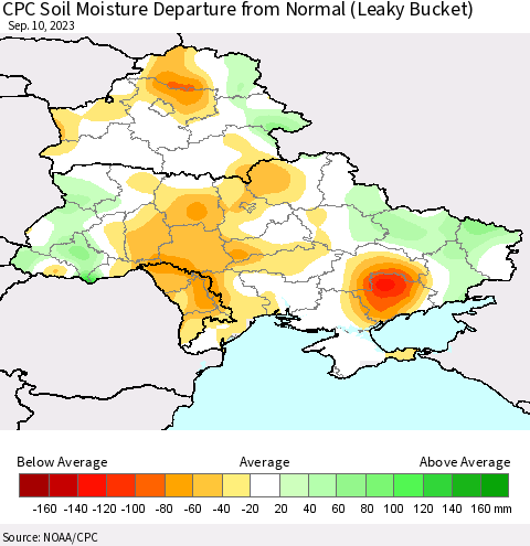 Ukraine, Moldova and Belarus CPC Soil Moisture Departure from Normal (Leaky Bucket) Thematic Map For 9/6/2023 - 9/10/2023