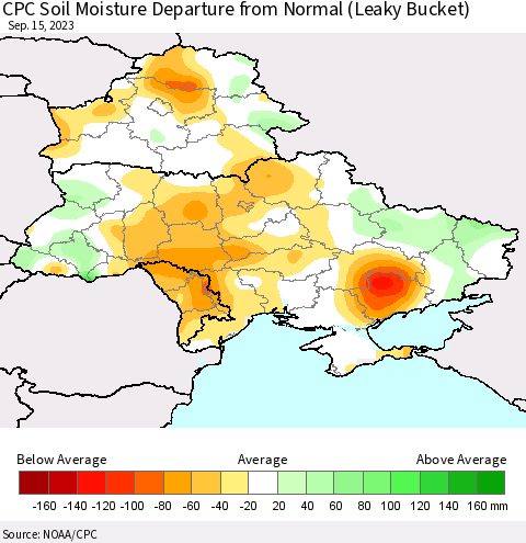 Ukraine, Moldova and Belarus CPC Soil Moisture Departure from Normal (Leaky Bucket) Thematic Map For 9/11/2023 - 9/15/2023