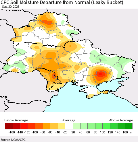 Ukraine, Moldova and Belarus CPC Soil Moisture Anomaly (Leaky Bucket) Thematic Map For 9/16/2023 - 9/20/2023