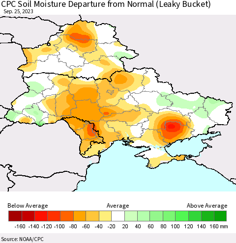Ukraine, Moldova and Belarus CPC Soil Moisture Departure from Normal (Leaky Bucket) Thematic Map For 9/21/2023 - 9/25/2023