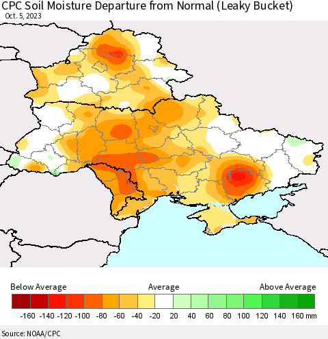 Ukraine, Moldova and Belarus CPC Soil Moisture Departure from Normal (Leaky Bucket) Thematic Map For 10/1/2023 - 10/5/2023