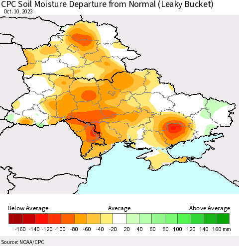 Ukraine, Moldova and Belarus CPC Soil Moisture Departure from Normal (Leaky Bucket) Thematic Map For 10/6/2023 - 10/10/2023