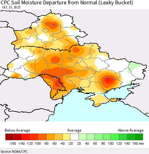 Ukraine, Moldova and Belarus CPC Soil Moisture Departure from Normal (Leaky Bucket) Thematic Map For 10/11/2023 - 10/15/2023