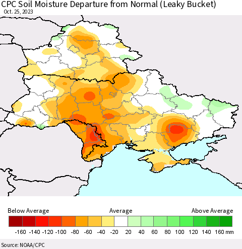 Ukraine, Moldova and Belarus CPC Soil Moisture Departure from Normal (Leaky Bucket) Thematic Map For 10/21/2023 - 10/25/2023