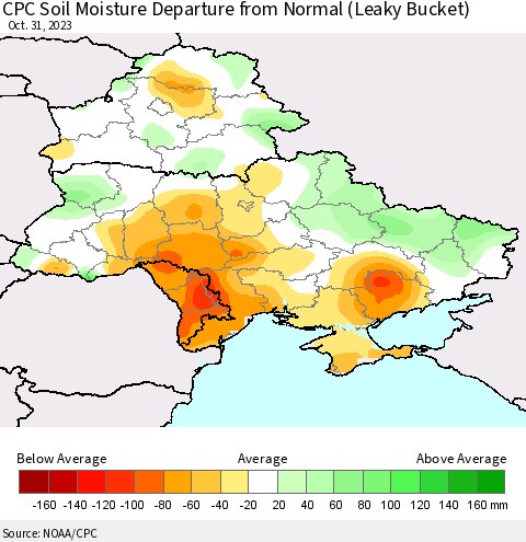 Ukraine, Moldova and Belarus CPC Soil Moisture Departure from Normal (Leaky Bucket) Thematic Map For 10/26/2023 - 10/31/2023