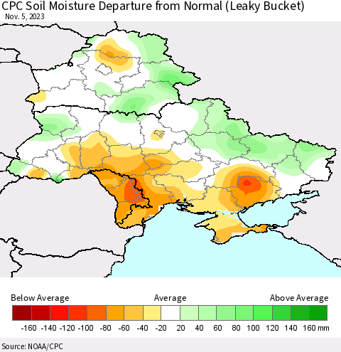 Ukraine, Moldova and Belarus CPC Soil Moisture Departure from Normal (Leaky Bucket) Thematic Map For 11/1/2023 - 11/5/2023