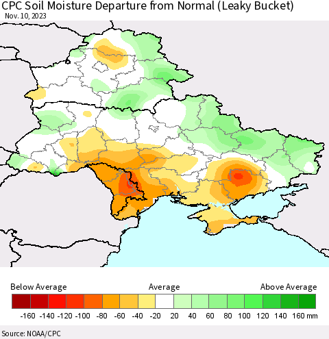 Ukraine, Moldova and Belarus CPC Soil Moisture Departure from Normal (Leaky Bucket) Thematic Map For 11/6/2023 - 11/10/2023