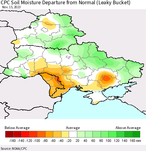 Ukraine, Moldova and Belarus CPC Soil Moisture Departure from Normal (Leaky Bucket) Thematic Map For 11/11/2023 - 11/15/2023