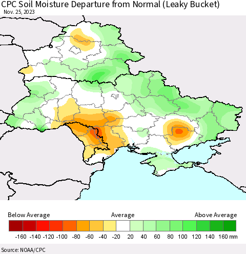 Ukraine, Moldova and Belarus CPC Soil Moisture Departure from Normal (Leaky Bucket) Thematic Map For 11/21/2023 - 11/25/2023