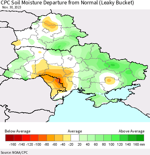 Ukraine, Moldova and Belarus CPC Soil Moisture Departure from Normal (Leaky Bucket) Thematic Map For 11/26/2023 - 11/30/2023