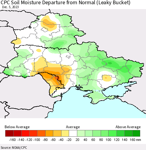 Ukraine, Moldova and Belarus CPC Soil Moisture Departure from Normal (Leaky Bucket) Thematic Map For 12/1/2023 - 12/5/2023
