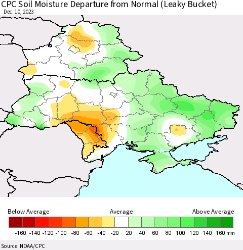 Ukraine, Moldova and Belarus CPC Soil Moisture Departure from Normal (Leaky Bucket) Thematic Map For 12/6/2023 - 12/10/2023