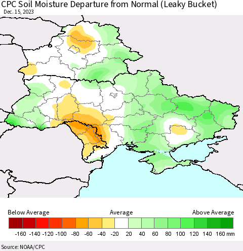 Ukraine, Moldova and Belarus CPC Soil Moisture Departure from Normal (Leaky Bucket) Thematic Map For 12/11/2023 - 12/15/2023