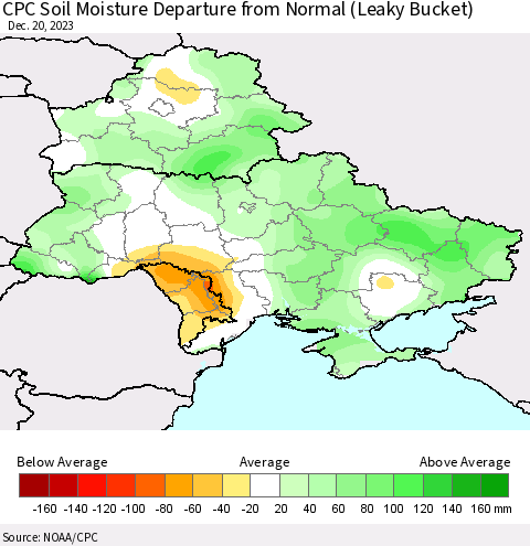 Ukraine, Moldova and Belarus CPC Soil Moisture Departure from Normal (Leaky Bucket) Thematic Map For 12/16/2023 - 12/20/2023