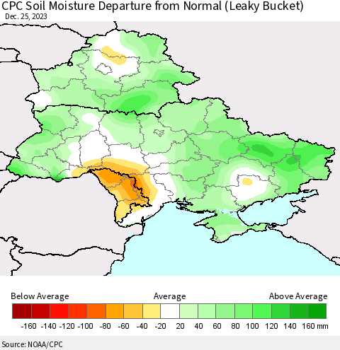 Ukraine, Moldova and Belarus CPC Soil Moisture Departure from Normal (Leaky Bucket) Thematic Map For 12/21/2023 - 12/25/2023