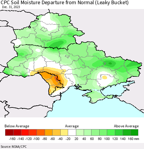 Ukraine, Moldova and Belarus CPC Soil Moisture Departure from Normal (Leaky Bucket) Thematic Map For 12/26/2023 - 12/31/2023