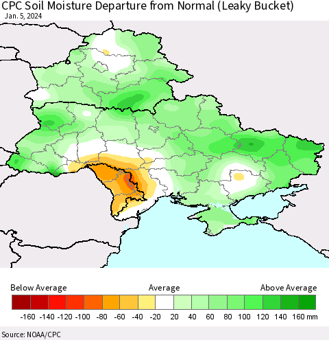 Ukraine, Moldova and Belarus CPC Soil Moisture Departure from Normal (Leaky Bucket) Thematic Map For 1/1/2024 - 1/5/2024