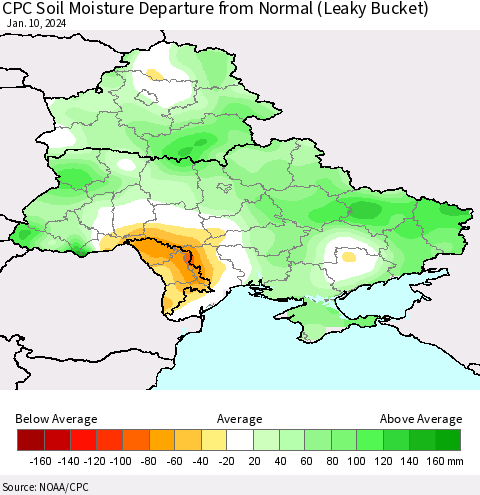 Ukraine, Moldova and Belarus CPC Soil Moisture Departure from Normal (Leaky Bucket) Thematic Map For 1/6/2024 - 1/10/2024