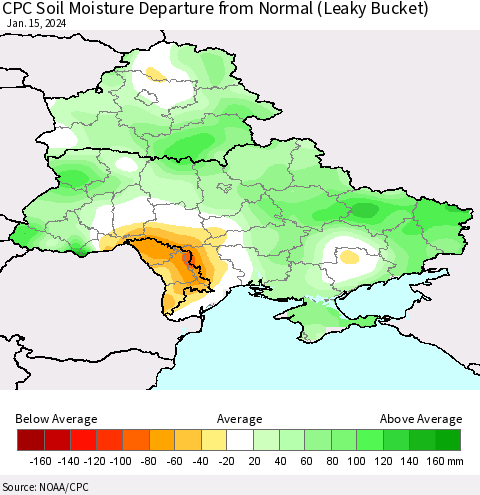Ukraine, Moldova and Belarus CPC Soil Moisture Departure from Normal (Leaky Bucket) Thematic Map For 1/11/2024 - 1/15/2024