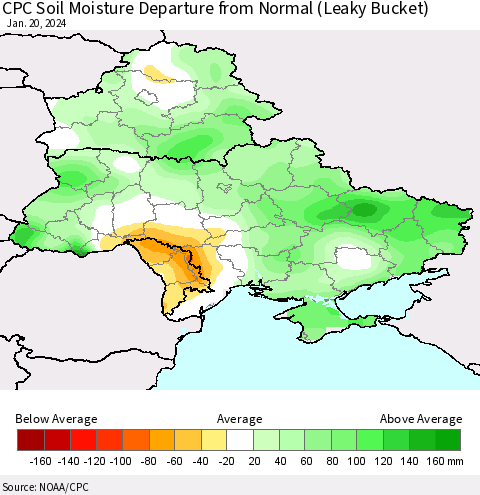 Ukraine, Moldova and Belarus CPC Soil Moisture Departure from Normal (Leaky Bucket) Thematic Map For 1/16/2024 - 1/20/2024