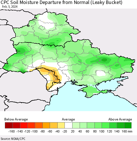 Ukraine, Moldova and Belarus CPC Soil Moisture Departure from Normal (Leaky Bucket) Thematic Map For 2/1/2024 - 2/5/2024