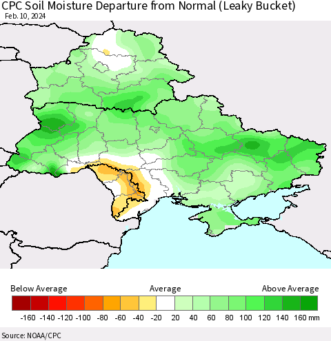 Ukraine, Moldova and Belarus CPC Soil Moisture Departure from Normal (Leaky Bucket) Thematic Map For 2/6/2024 - 2/10/2024