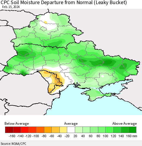 Ukraine, Moldova and Belarus CPC Soil Moisture Departure from Normal (Leaky Bucket) Thematic Map For 2/11/2024 - 2/15/2024