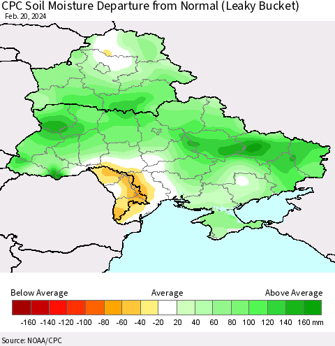 Ukraine, Moldova and Belarus CPC Soil Moisture Departure from Normal (Leaky Bucket) Thematic Map For 2/16/2024 - 2/20/2024