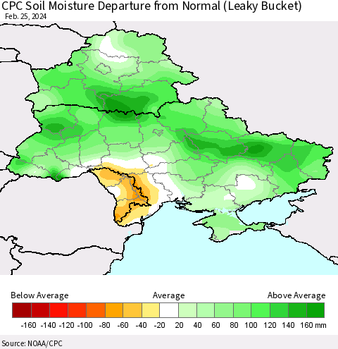 Ukraine, Moldova and Belarus CPC Soil Moisture Departure from Normal (Leaky Bucket) Thematic Map For 2/21/2024 - 2/25/2024