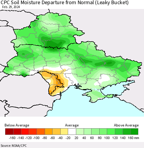Ukraine, Moldova and Belarus CPC Soil Moisture Departure from Normal (Leaky Bucket) Thematic Map For 2/26/2024 - 2/29/2024