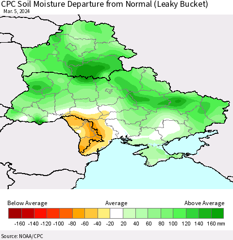 Ukraine, Moldova and Belarus CPC Soil Moisture Departure from Normal (Leaky Bucket) Thematic Map For 3/1/2024 - 3/5/2024
