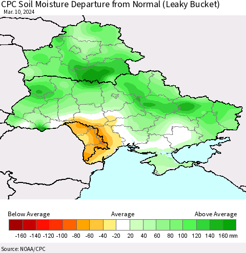 Ukraine, Moldova and Belarus CPC Soil Moisture Departure from Normal (Leaky Bucket) Thematic Map For 3/6/2024 - 3/10/2024