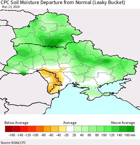 Ukraine, Moldova and Belarus CPC Soil Moisture Departure from Normal (Leaky Bucket) Thematic Map For 3/11/2024 - 3/15/2024