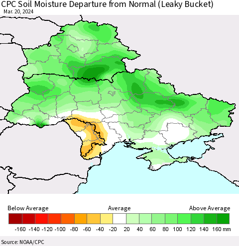 Ukraine, Moldova and Belarus CPC Soil Moisture Departure from Normal (Leaky Bucket) Thematic Map For 3/16/2024 - 3/20/2024