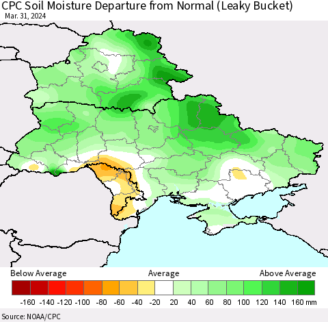 Ukraine, Moldova and Belarus CPC Soil Moisture Departure from Normal (Leaky Bucket) Thematic Map For 3/26/2024 - 3/31/2024
