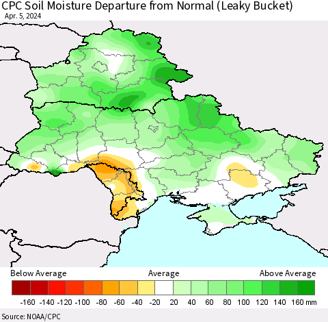 Ukraine, Moldova and Belarus CPC Soil Moisture Departure from Normal (Leaky Bucket) Thematic Map For 4/1/2024 - 4/5/2024