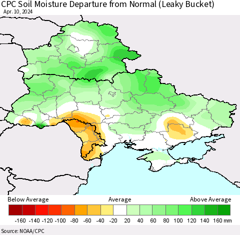 Ukraine, Moldova and Belarus CPC Soil Moisture Departure from Normal (Leaky Bucket) Thematic Map For 4/6/2024 - 4/10/2024