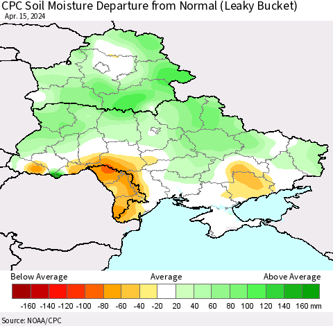 Ukraine, Moldova and Belarus CPC Soil Moisture Departure from Normal (Leaky Bucket) Thematic Map For 4/11/2024 - 4/15/2024